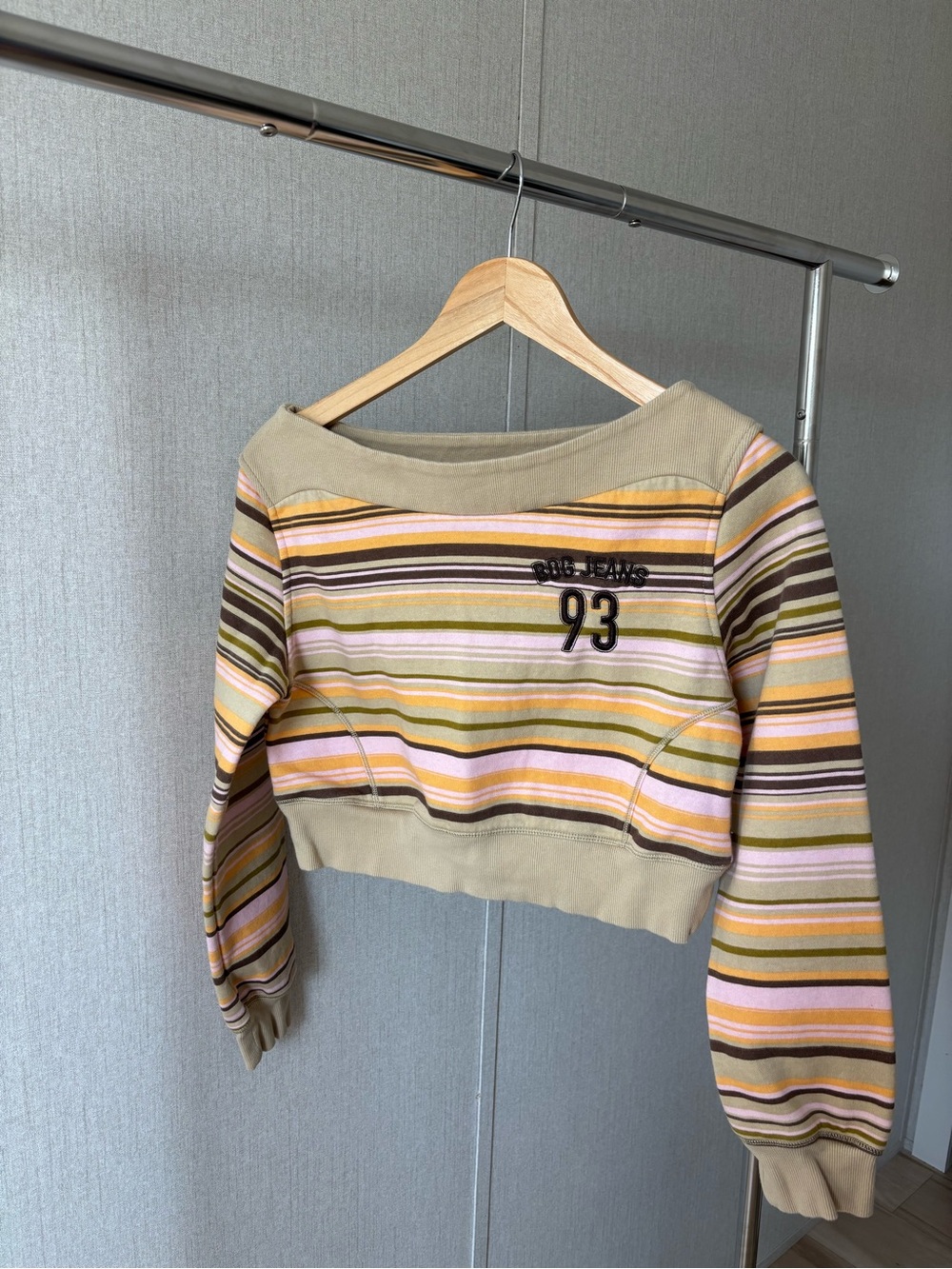 BDG Striped Off-the-Shoulder Cropped Sweater in Beige, Pink & Olive
